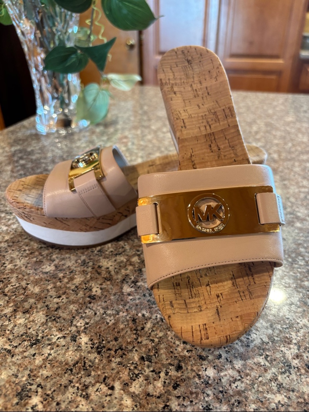 Michael Kors Warren Nude Leather Cork Wedge Slide Sandals with Gold MK Medallion - Picture 2 of 16